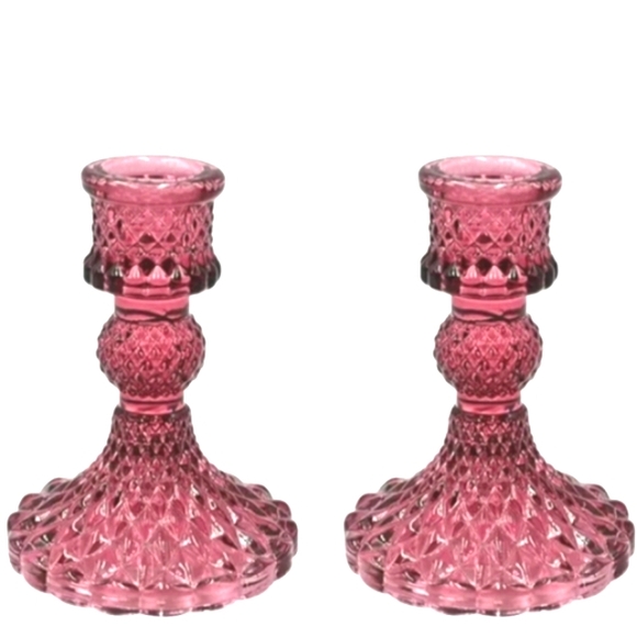 Pair Candy Pink Faceted Glass Candlesticks 2 Crystal Candle Holders Set Vintage - Picture 10 of 10